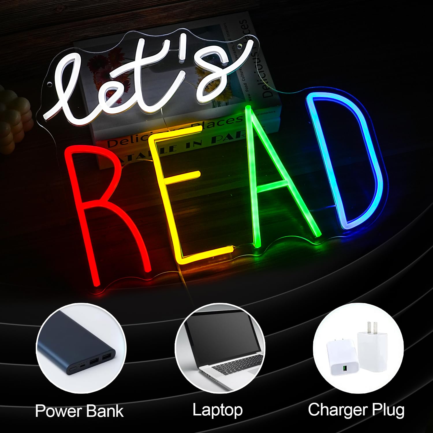 BNEMCEZH Let's Read Neon Sign Multicolored Reading Led Neon Light